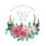 Rustic Boho Red Floral Stag Antlers Monogram Classic Round Sticker