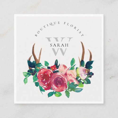 Rustic Boho Red Floral Stag Antlers Monogram Square Business Card