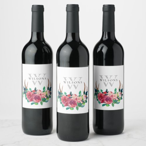 Rustic Boho Red Floral Stag Antlers Monogram Wine Label