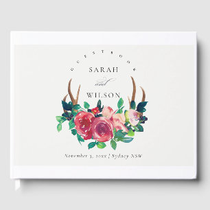 Rustic Boho Red Floral Stag Antlers Wedding Guest Book