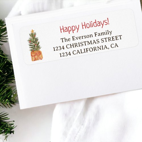 Rustic Boho Red Watercolor Christmas Tree Label