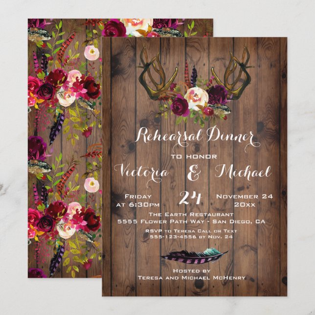Rustic Boho Rehearsal Dinner with floral Antlers Invitation (Front/Back)