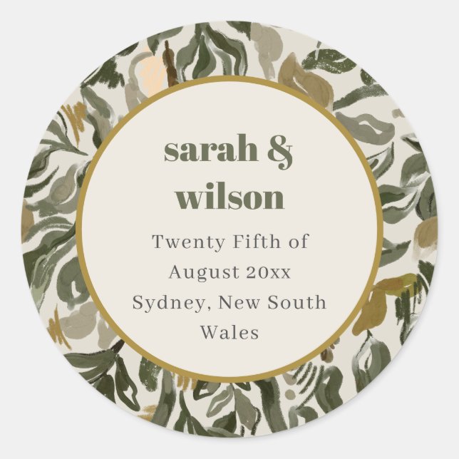 Rustic Boho Retro Arch Green Botanical Wedding Classic Round Sticker (Front)