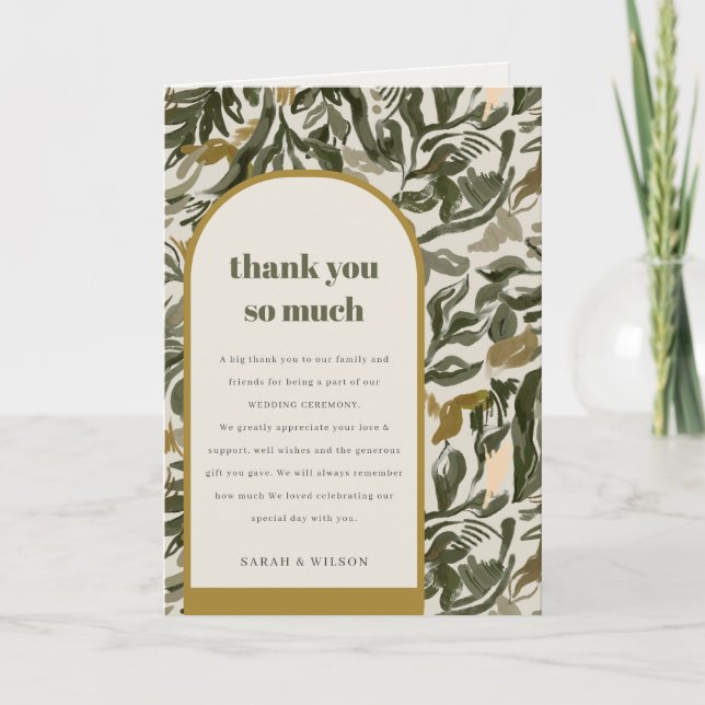 Rustic Boho Retro Arch Green Botanical Wedding Letterpress Thank You Card (Front)