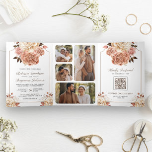 Rustic Boho Rose Gold Ivory Floral QR Code Wedding Tri-Fold Invitation