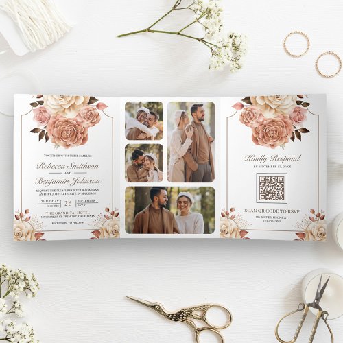 Rustic Boho Rose Gold Ivory Floral QR Code Wedding Tri_Fold Invitation