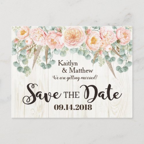 Rustic Boho Roses Eucalyptus Leaves Save the Date Announcement Postcard