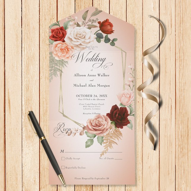 Rustic Boho Rust Peach Flora Frame Blush No Dinner All In One Invitation (Also available with a QR code or with dinner selection options.)