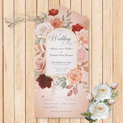 Rustic Boho Rust  Peach Floral Arch Blush Dinner All In One Invitation