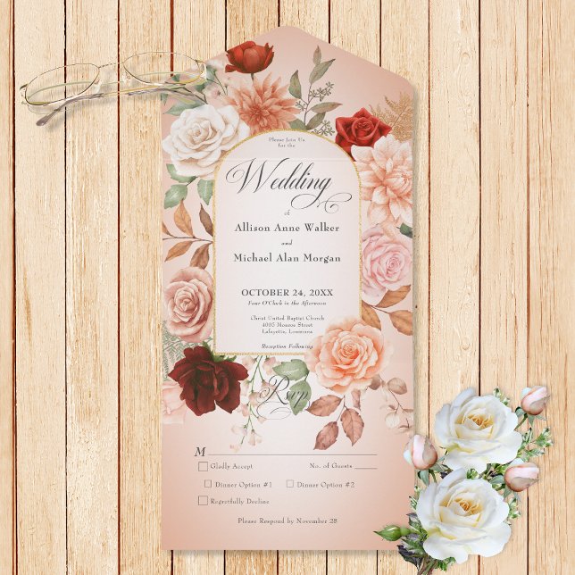 Rustic Boho Rust & Peach Floral Arch Blush Dinner All In One Invitation (Also available with a QR code or without dinner selection options.)