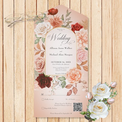 Rustic Boho Rust  Peach Floral Arch Blush QR Code All In One Invitation