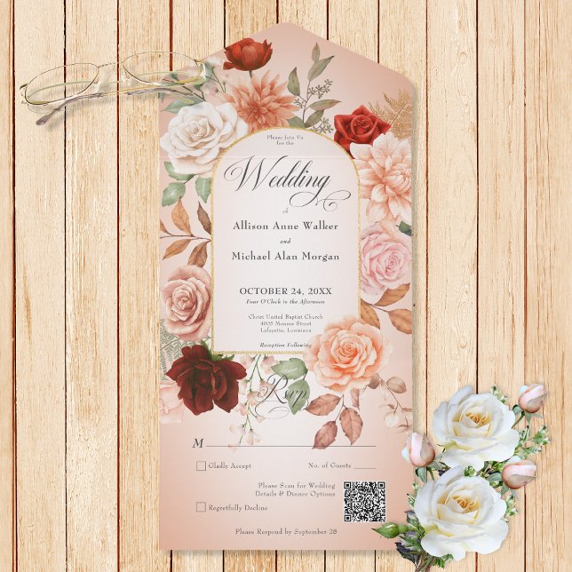 Rustic Boho Rust & Peach Floral Arch Blush QR Code All In One Invitation (Also available without a QR code; with or without dinner selection options.)