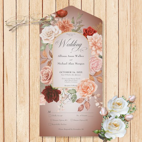 Rustic Boho Rust  Peach Floral Arch Rust Dinner All In One Invitation