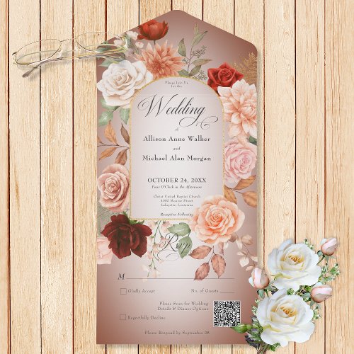 Rustic Boho Rust  Peach Floral Arch Rust QR Code All In One Invitation