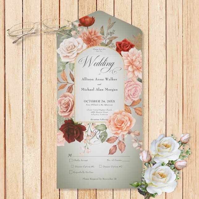 Rustic Boho Rust & Peach Floral Arch Sage Dinner All In One Invitation (Also available with a QR code or without dinner selection options.)