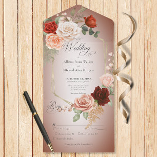 Rustic Boho Rust & Peach Floral Frame Rust Dinner All In One Invitation