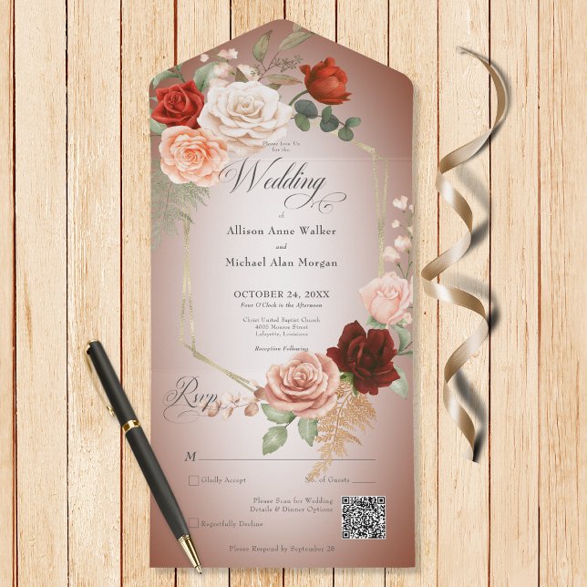 Rustic Boho Rust & Peach Floral Frame Rust QR Code All In One Invitation (Also available without a QR code; with or without dinner selection options.)