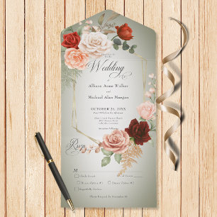 Rustic Boho Rust & Peach Floral Frame Sage Dinner All In One Invitation