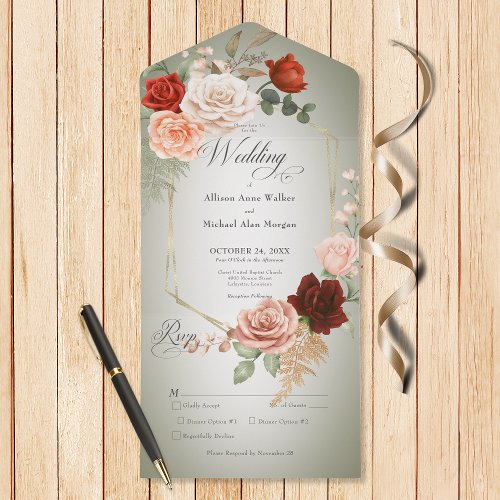 Rustic Boho Rust  Peach Floral Frame Sage Dinner All In One Invitation