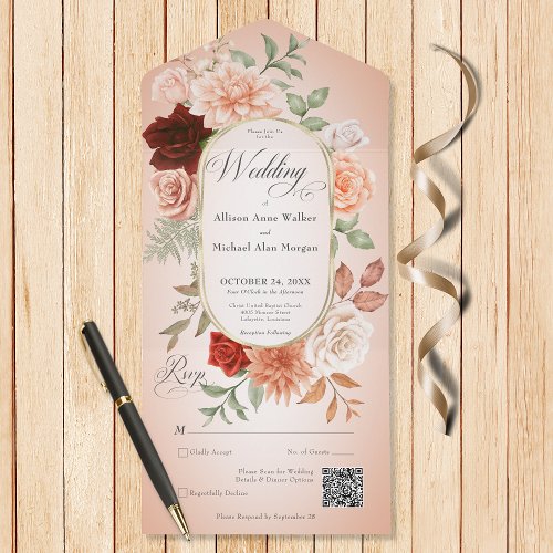 Rustic Boho Rust  Peach Floral Oval Blush QR Code All In One Invitation