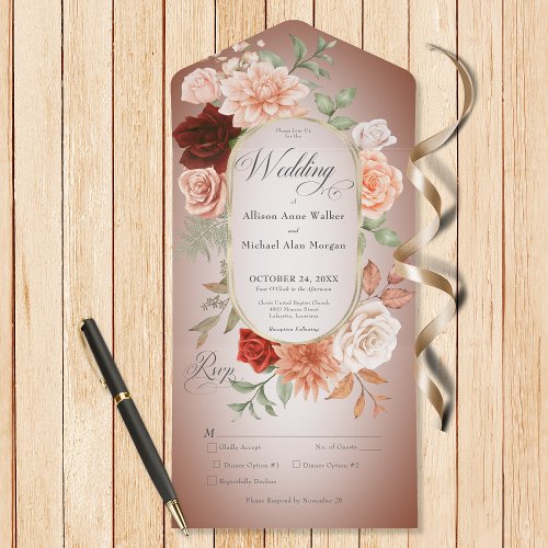 Rustic Boho Rust  Peach Floral Oval Rust Dinner All In One Invitation