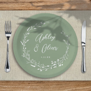 Rustic Boho Sage Green Wildflower Floral Wedding Paper Plates