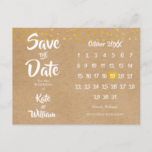 Rustic Boho Save the Date Calendar Gold Heart Announcement Postcard (Front)