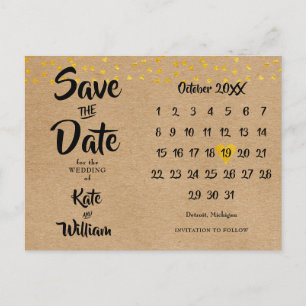 Rustic Boho Save the Date Gold Heart Calendar Announcement Postcard