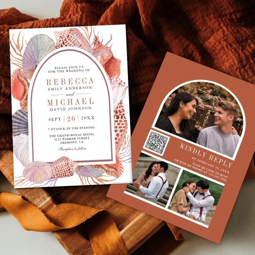 Rustic Boho Seashells Nautical QR Code Wedding Invitation