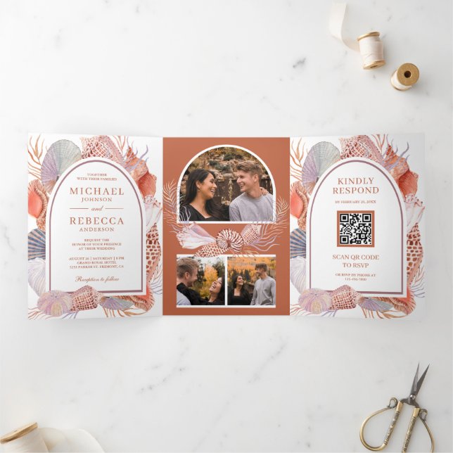 Rustic Boho Seashells Nautical QR Code Wedding Tri-Fold Invitation (Inside)