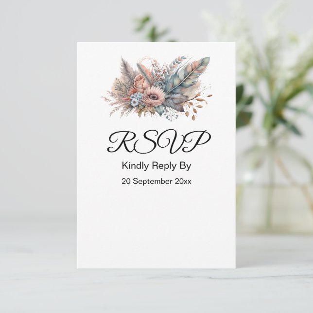 Rustic Boho Silver & Pink Floral RSVP Card (Standing Front)