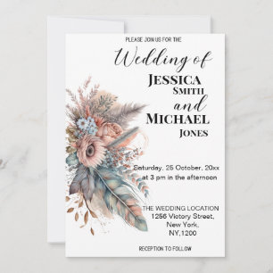 Rustic Boho Silver & Pink Floral Wedding Invitation