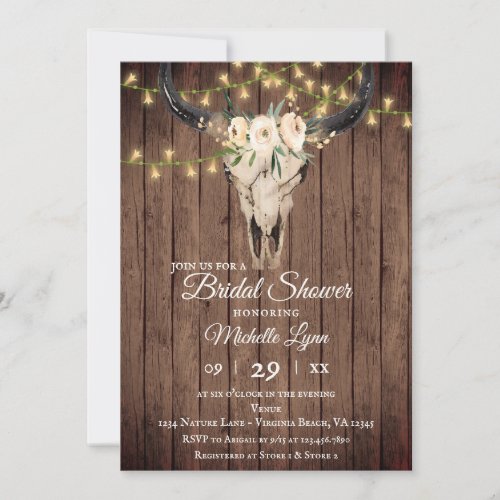 Rustic Boho Skull and Lights on Wood Bridal Shower Invitation