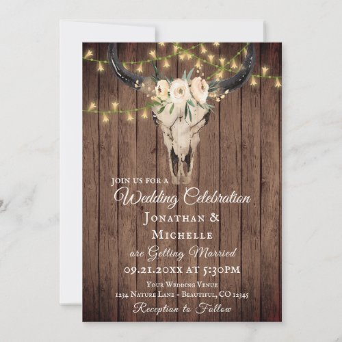 Rustic Boho Skull and Lights on Wood Wedding Invitation