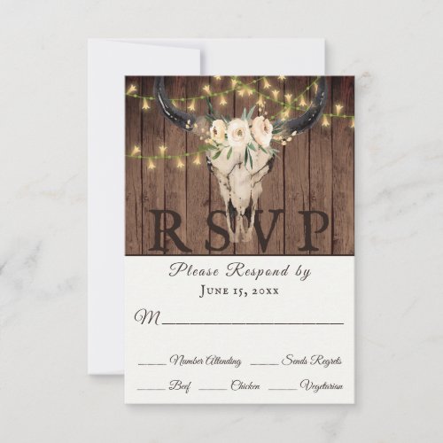 Rustic Boho Skull and Lights on Wood Wedding RSVP Card