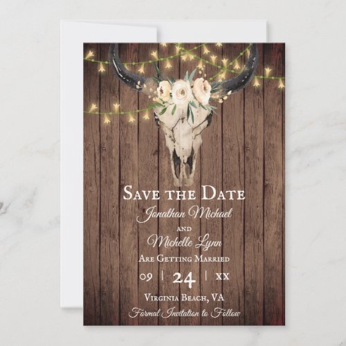 Rustic Boho Skull and Lights on Wood Wedding Save The Date