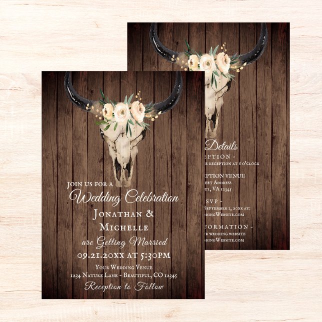 Rustic Boho Skull on Wood All In One Wedding Invitation (Creator Uploaded)