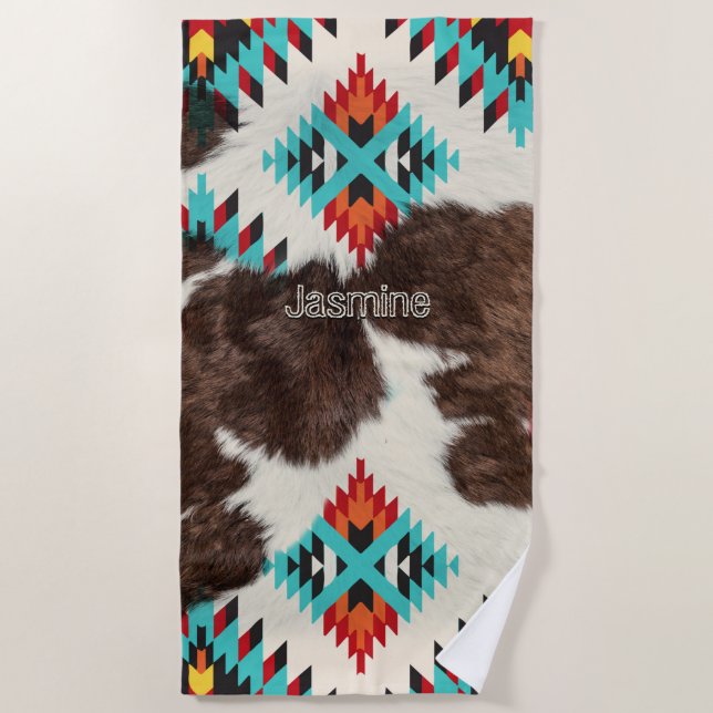 Rustic Boho South Western Turquoise Cowhide Beach Towel (Front)