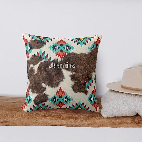 Rustic Boho Southwestern Cowhide Aztec Pattern  Throw Pillow