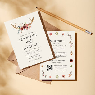 Rustic Boho Stag Deer Antlers All in One Wedding Invitation
