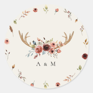 Rustic Boho Stag Deer Antlers Monogram Wedding Classic Round Sticker