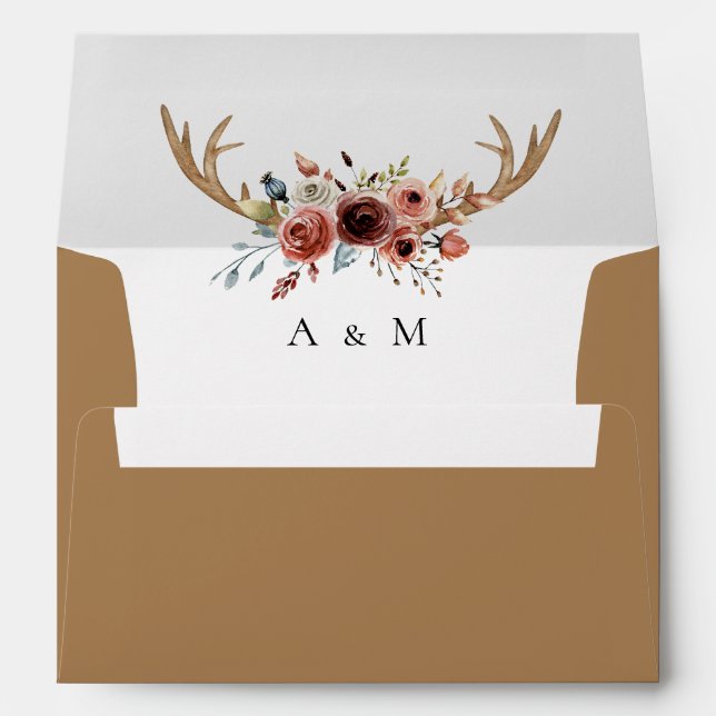 Rustic Boho Stag Deer Antlers Monogram Wedding Envelope (Back (Bottom))