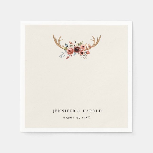 Rustic Boho Stag Deer Antlers Wedding Engagement Napkins (Front)