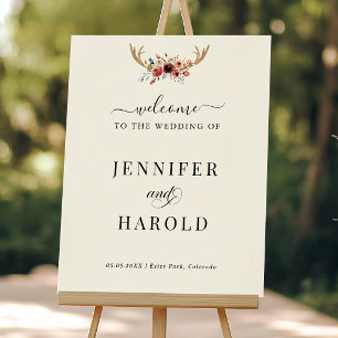 Rustic Boho Stag Deer Antlers Wedding Welcome Sign