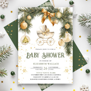 Rustic Boho Stroller Winter Christmas Baby Shower Invitation