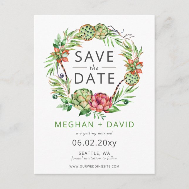 Rustic Boho Succulent Cactus Save the Date Announcement Postcard (Front)