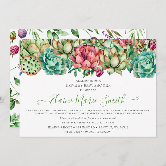 Rustic Boho Succulent Drive Thru Bridal Shower Invitation (Front/Back)