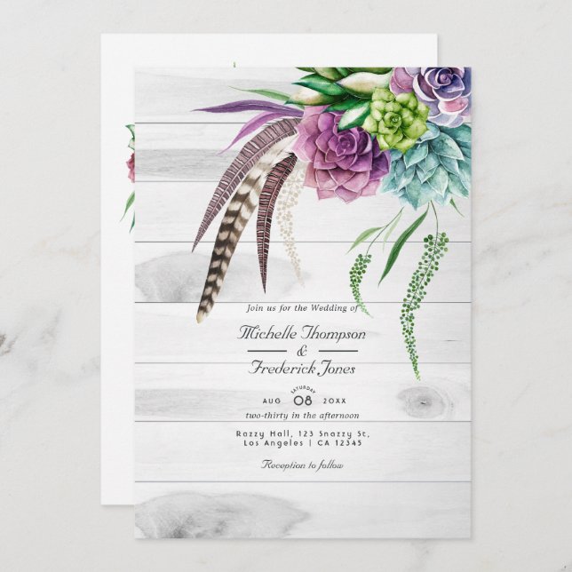 Rustic Boho Succulents QR Code RSVP Wedding Invitation (Front/Back)