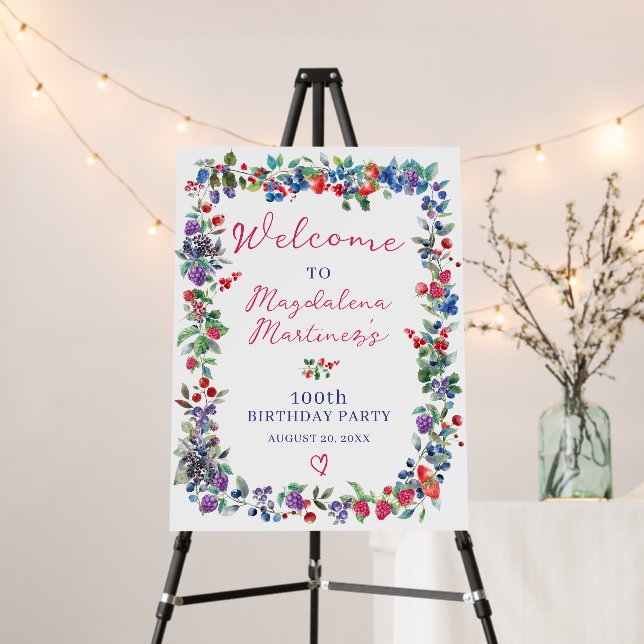 Rustic Boho Summer Berry 100th Birthday Welcome Foam Board (In Situ (Stand))