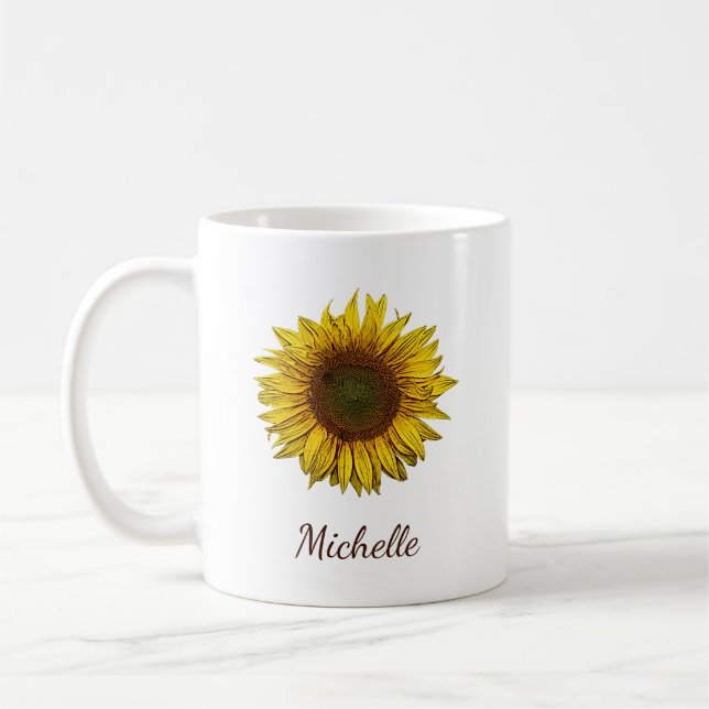 Rustic Boho Sunflower Botanical Personalized Coffee Mug (Left)